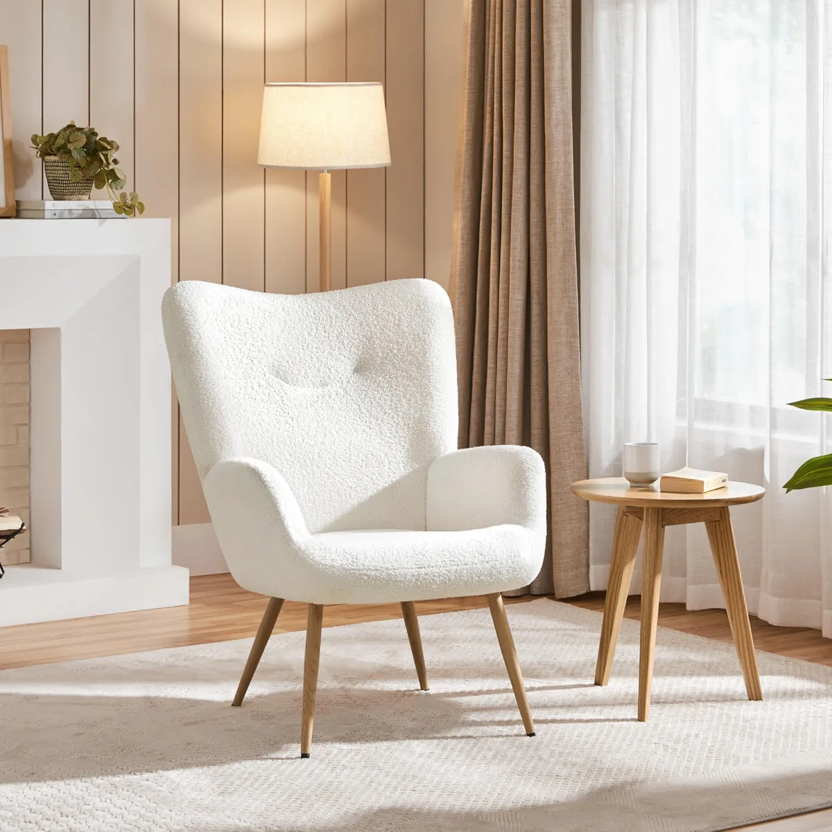 White boucle accent chair with high back and armrests, barrel shape, adjustable front leg levelers