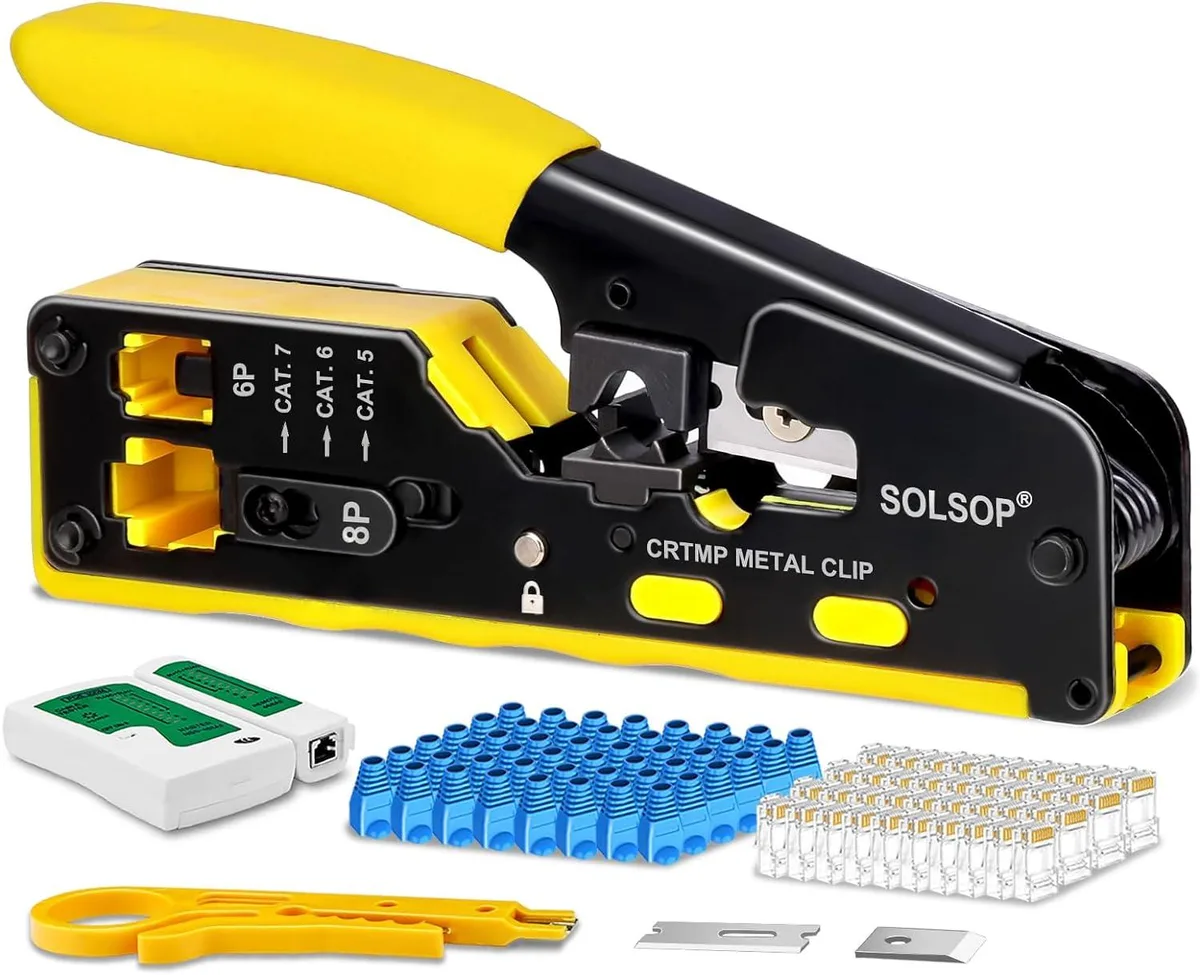 BFKK BFKK Pass Through RJ45 Crimp Tool Kit with 50 Cat6 Connectors and Boots — product photo