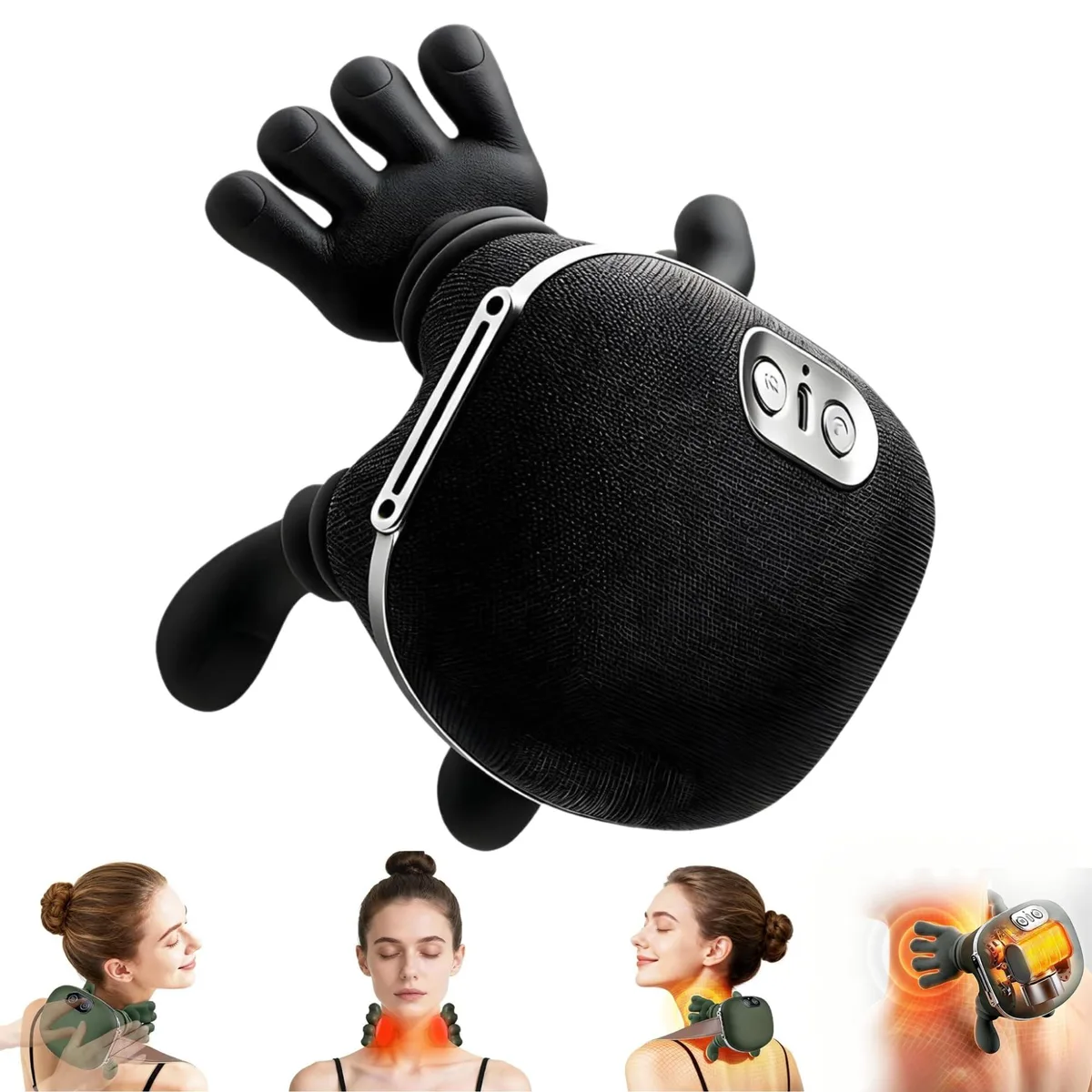 Black cordless neck massager with wrap-around straps and mesh panels