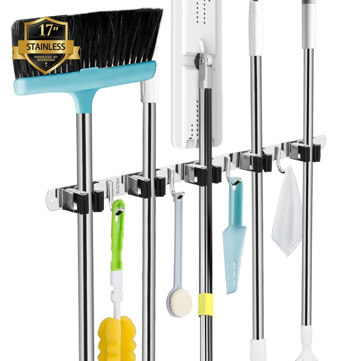 Wall-mounted stainless steel broom holder with five slotted racks and four hooks, brushed silver finish