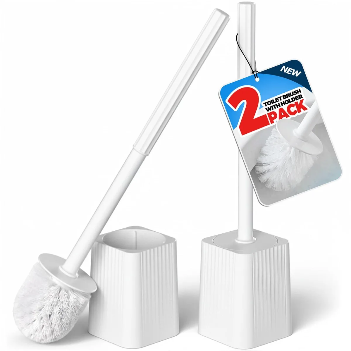 Two white toilet brushes in matching ventilated holders