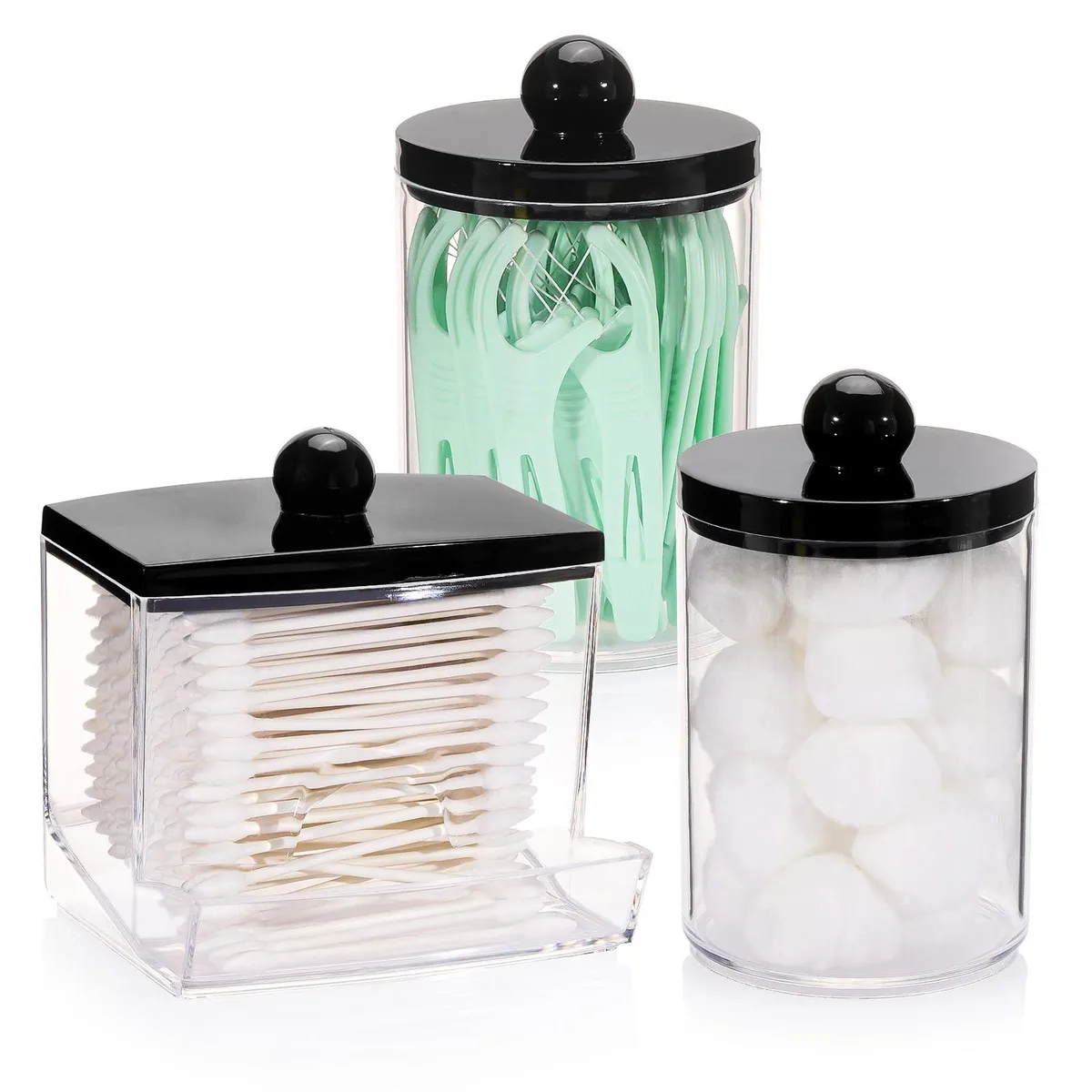 Three glossy 10oz apothecary jars with black lids