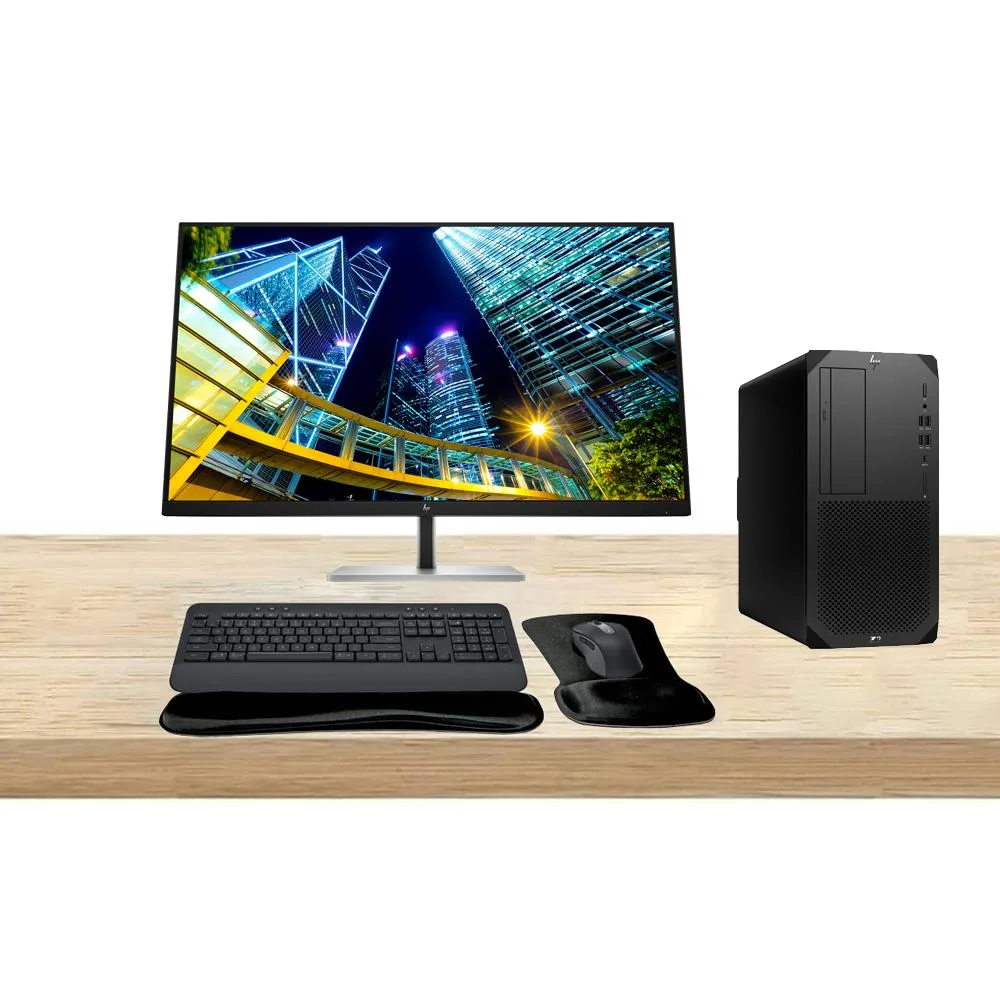 HP HP Z2 G9 Tower i7-14700K 64GB 1TB RTX A4000 16GB Dual 32-inch 4K Monitor MK650 T2U Plus Gel Pad — product photo