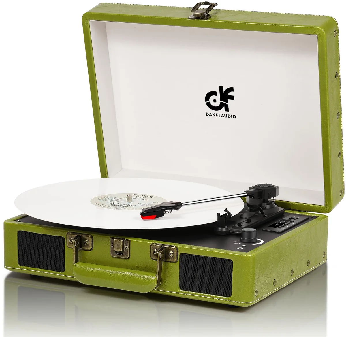 Green suitcase-style portable turntable with carry handle and built-in speakers