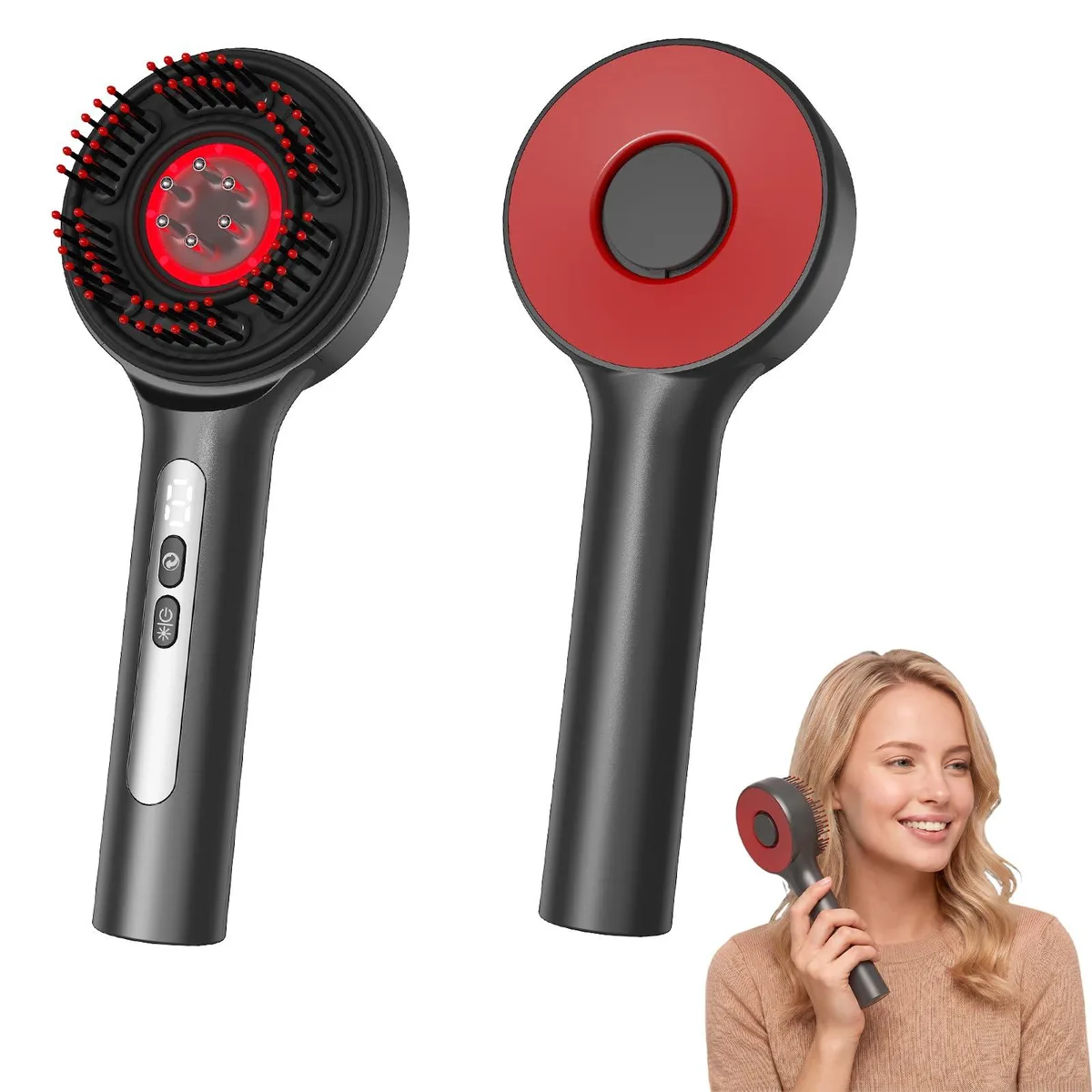 Light gray electric scalp massager with 72 silicone bristles and 6 rollers
