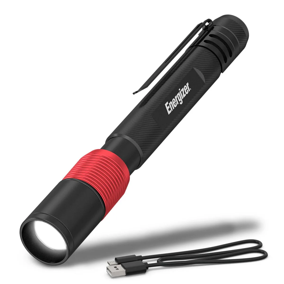Small black penlight with pocket clip and USB port