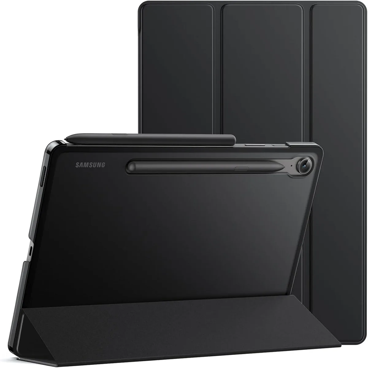 Black tablet case with translucent back and tri-fold front cover