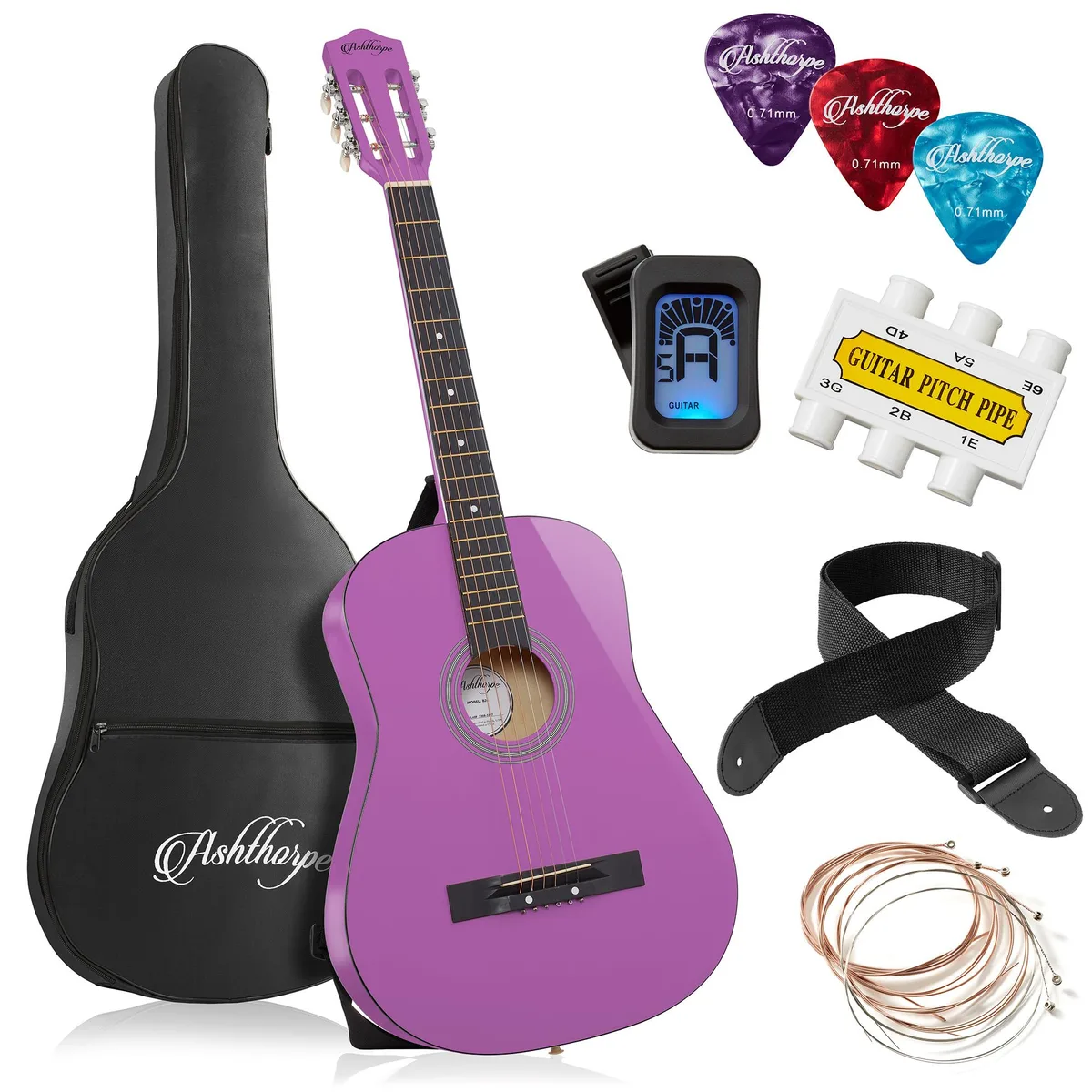 Ashthorpe Ashthorpe 38-inch Beginner Acoustic Guitar Purple Starter Kit — product photo