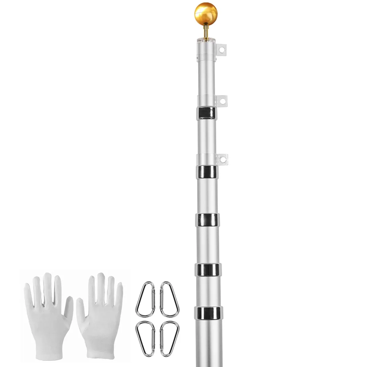 Silver telescopic flag pole kit with 30 ft extended pole, gold ball finial, flag and ground sleeve