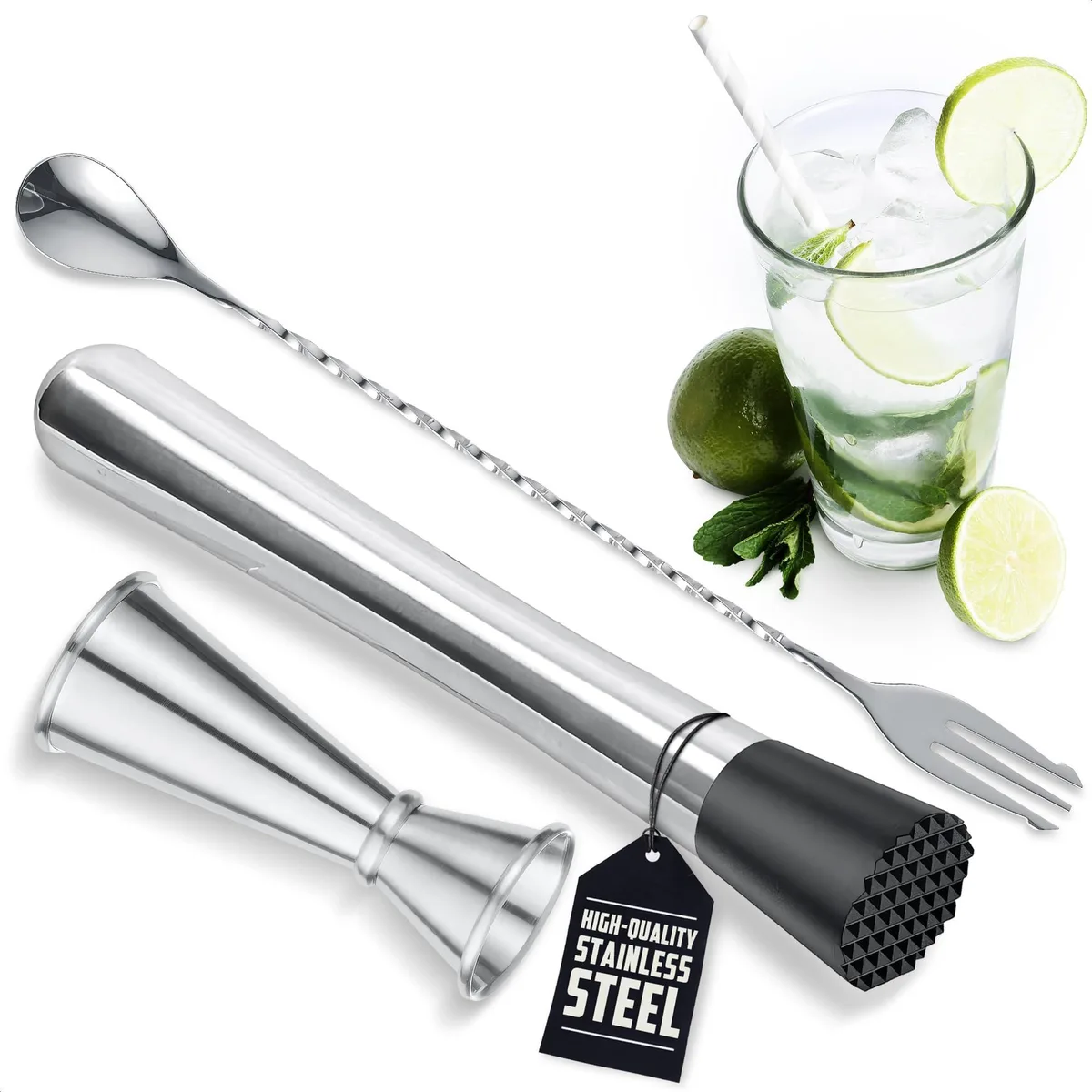 Seven-piece black stainless steel bar tool set with muddler spoon and jigger