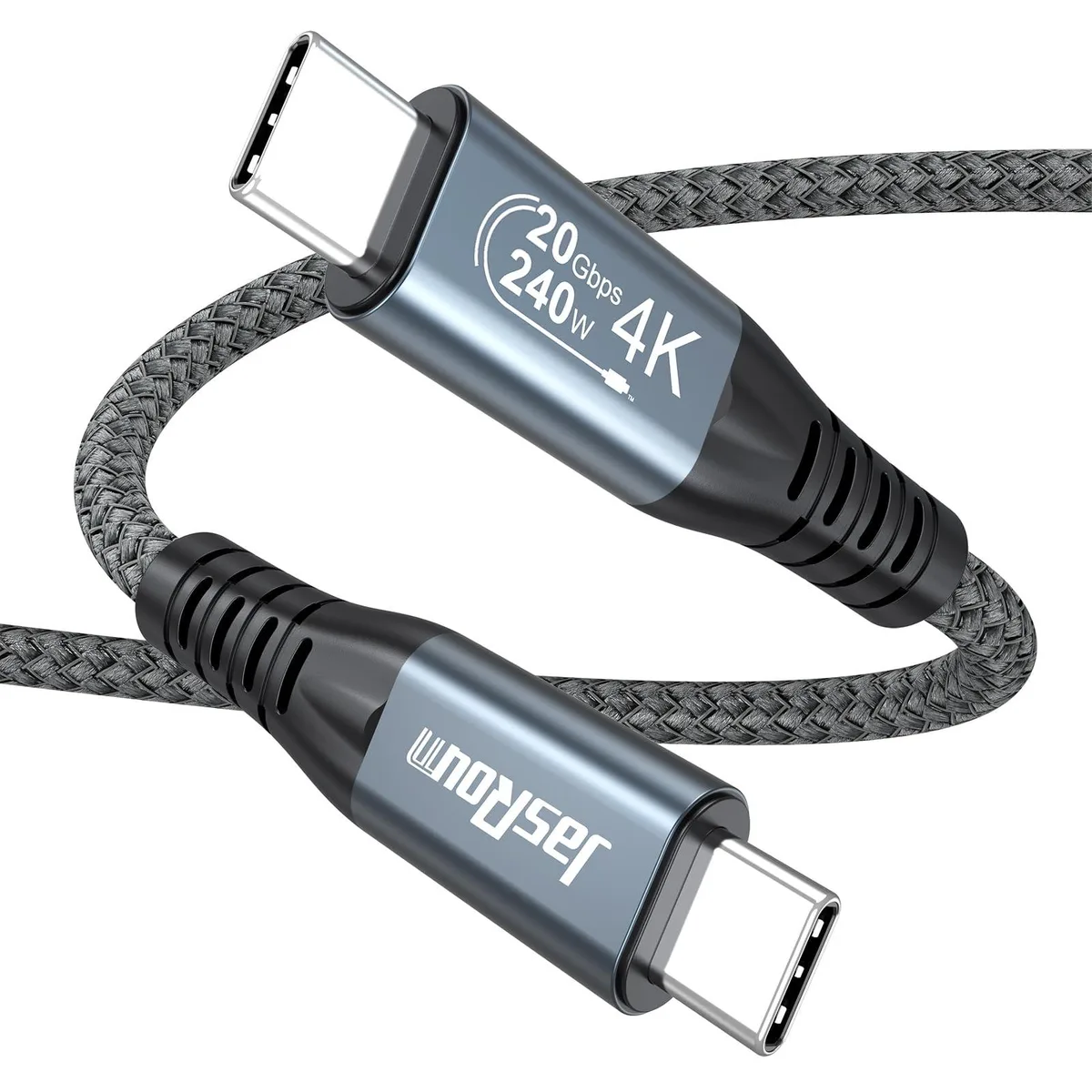 Grey braided USB-C to USB-C cable with slim metal connectors, three feet long