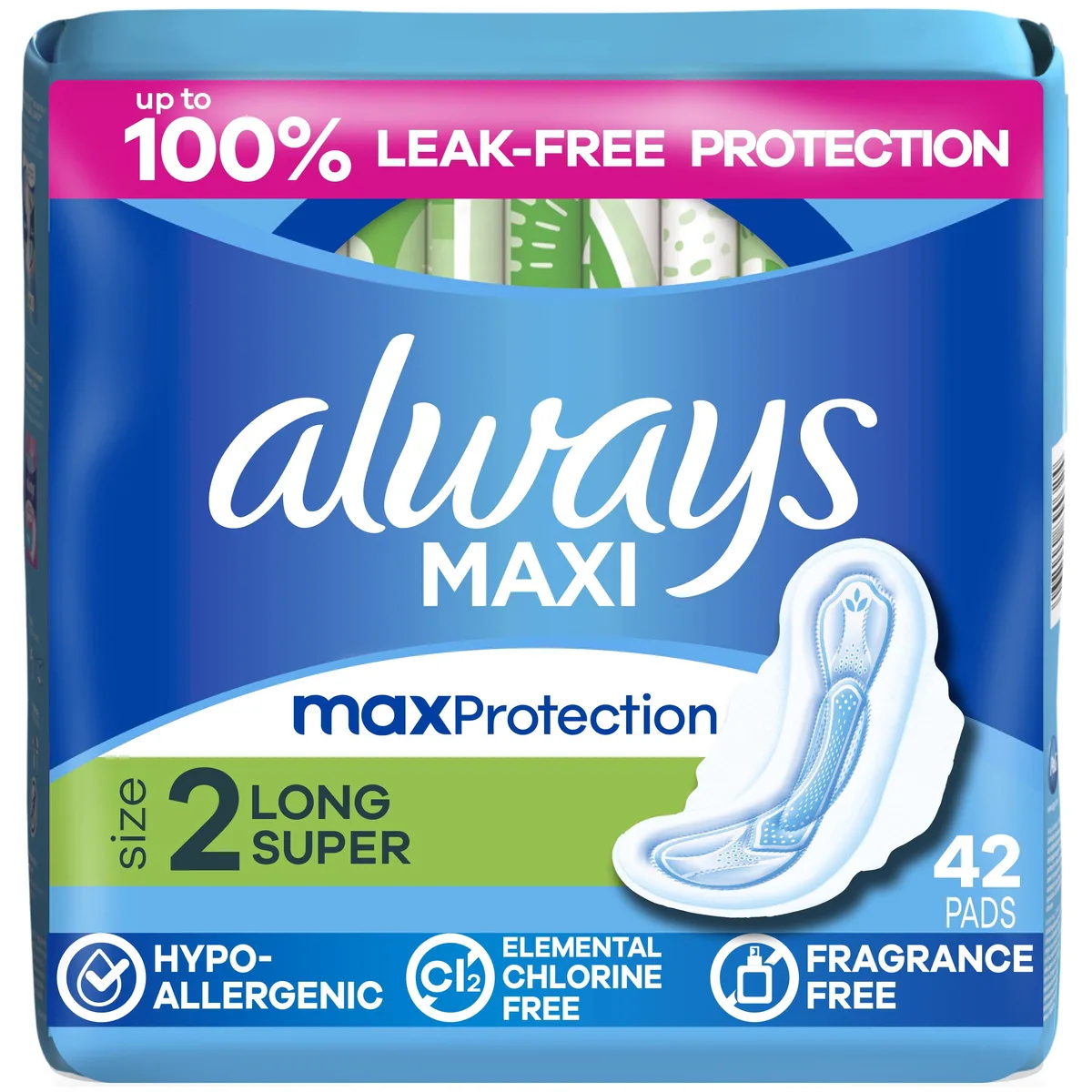 None Continuous None Continuous Always Maxi Pads Wings Size 2 Long Super 42 count — product photo
