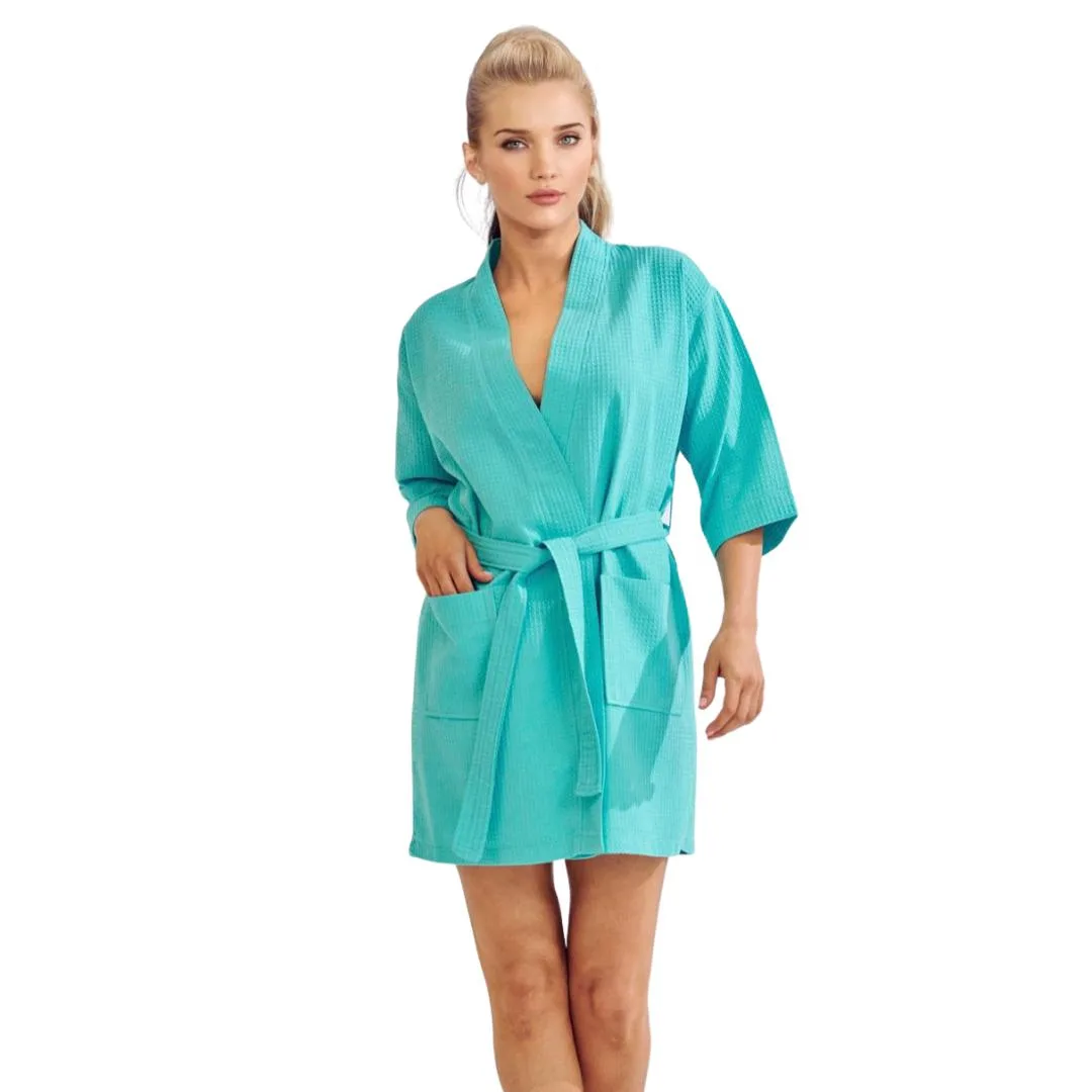 Turquoise short waffle kimono bathrobe with tie closure and patch pockets