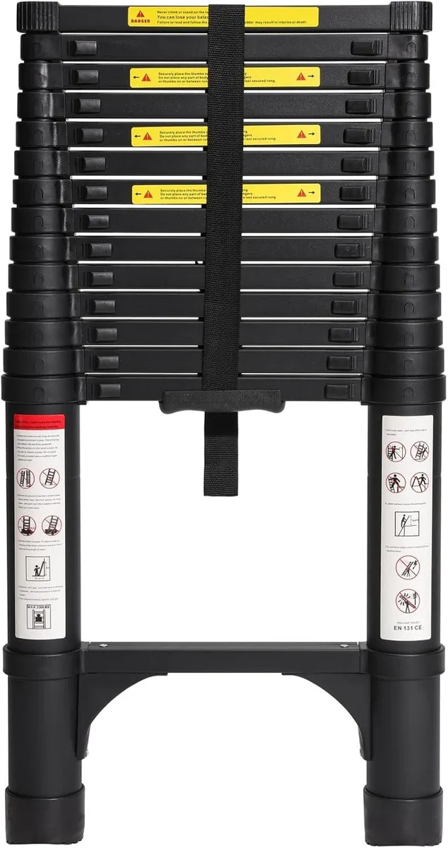 Black aluminum telescoping ladder with two triangular stabilizers, compact folded form