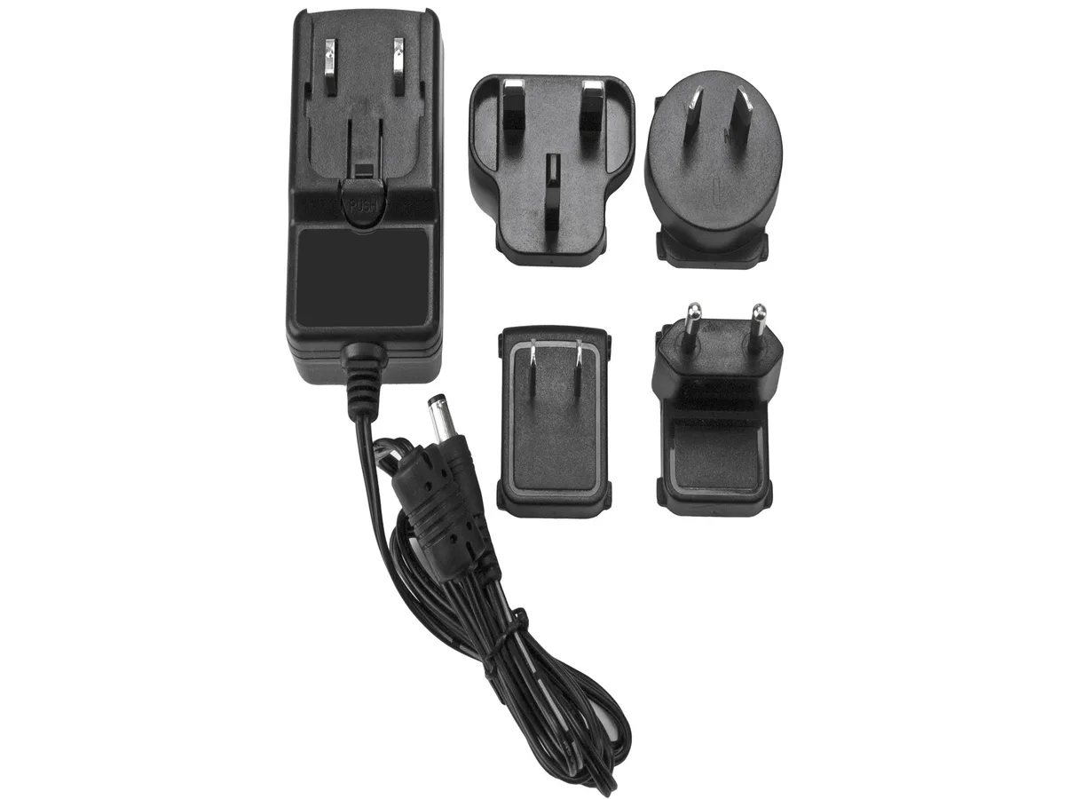 Black 12V 2A wall adapter with interchangeable NA EU UK AU clips and M-type barrel plug