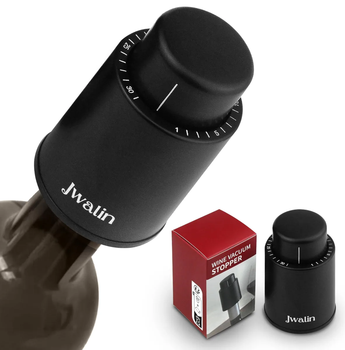 Black vacuum pump and six stoppers in compact set
