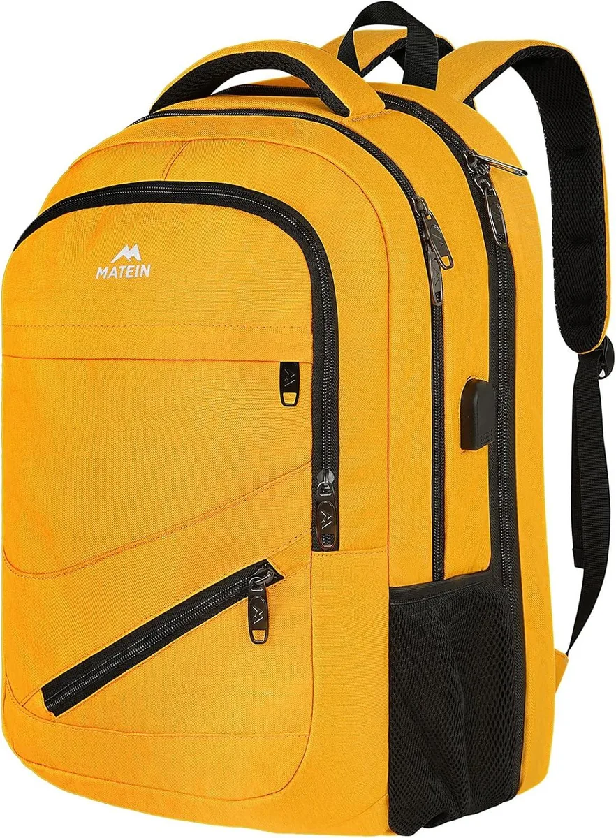 Yellow travel backpack with laptop compartment and external USB port