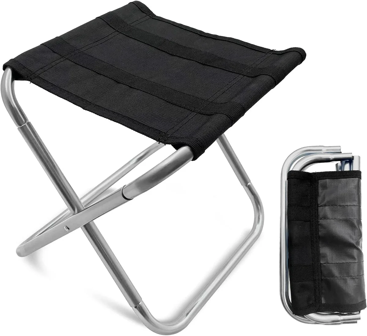 Tiny silver aluminium frame with grey fabric seat, folded flat to 3.94 by 9.45 inches