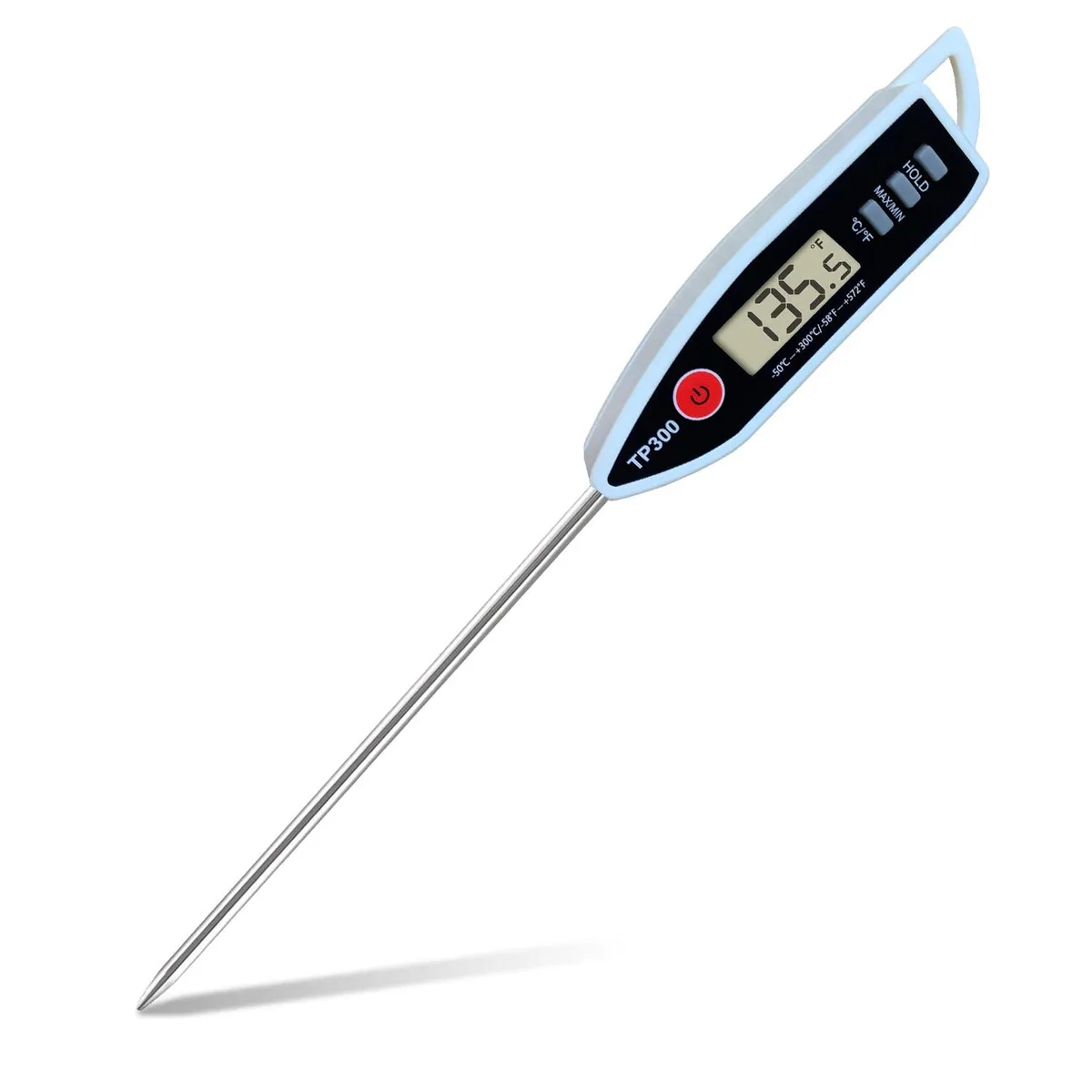 Black digital thermometer with 5-inch stainless steel probe, LCD display and hook
