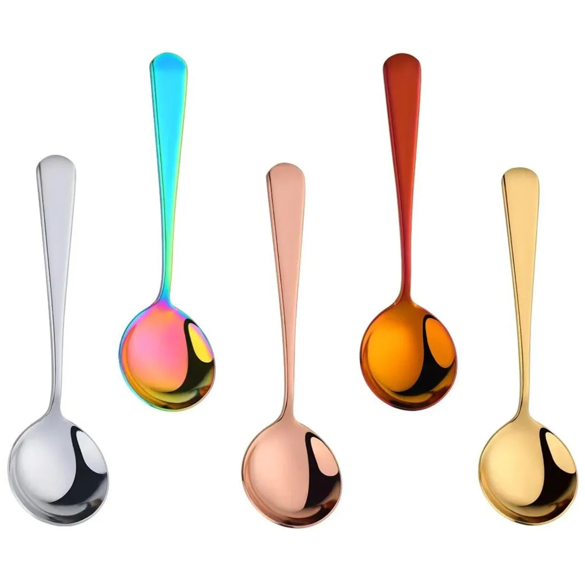 Five gold stainless steel soup spoons with broad rounded bowls and mirror finish