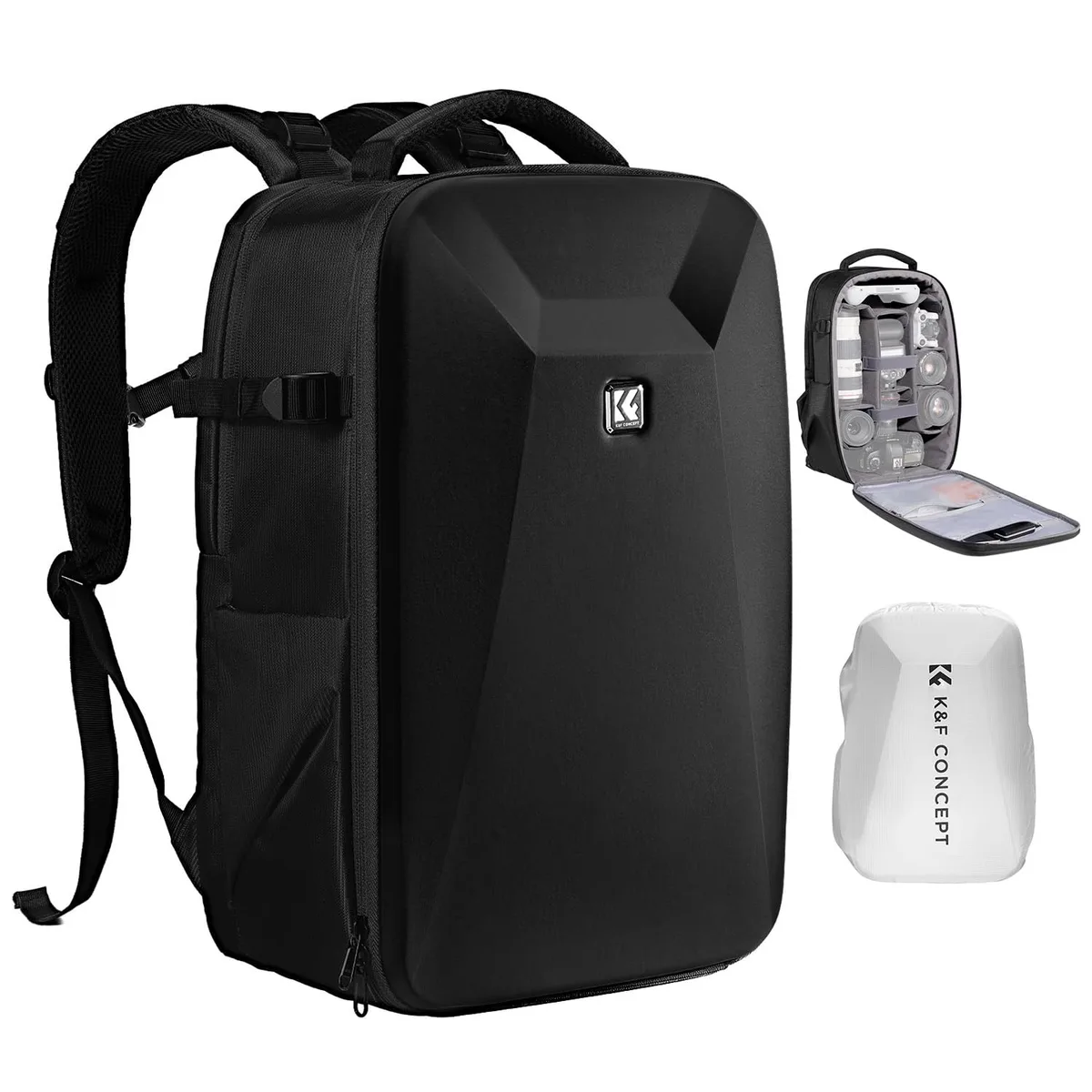 Grey hardshell camera backpack with front flap, side pockets and padded straps