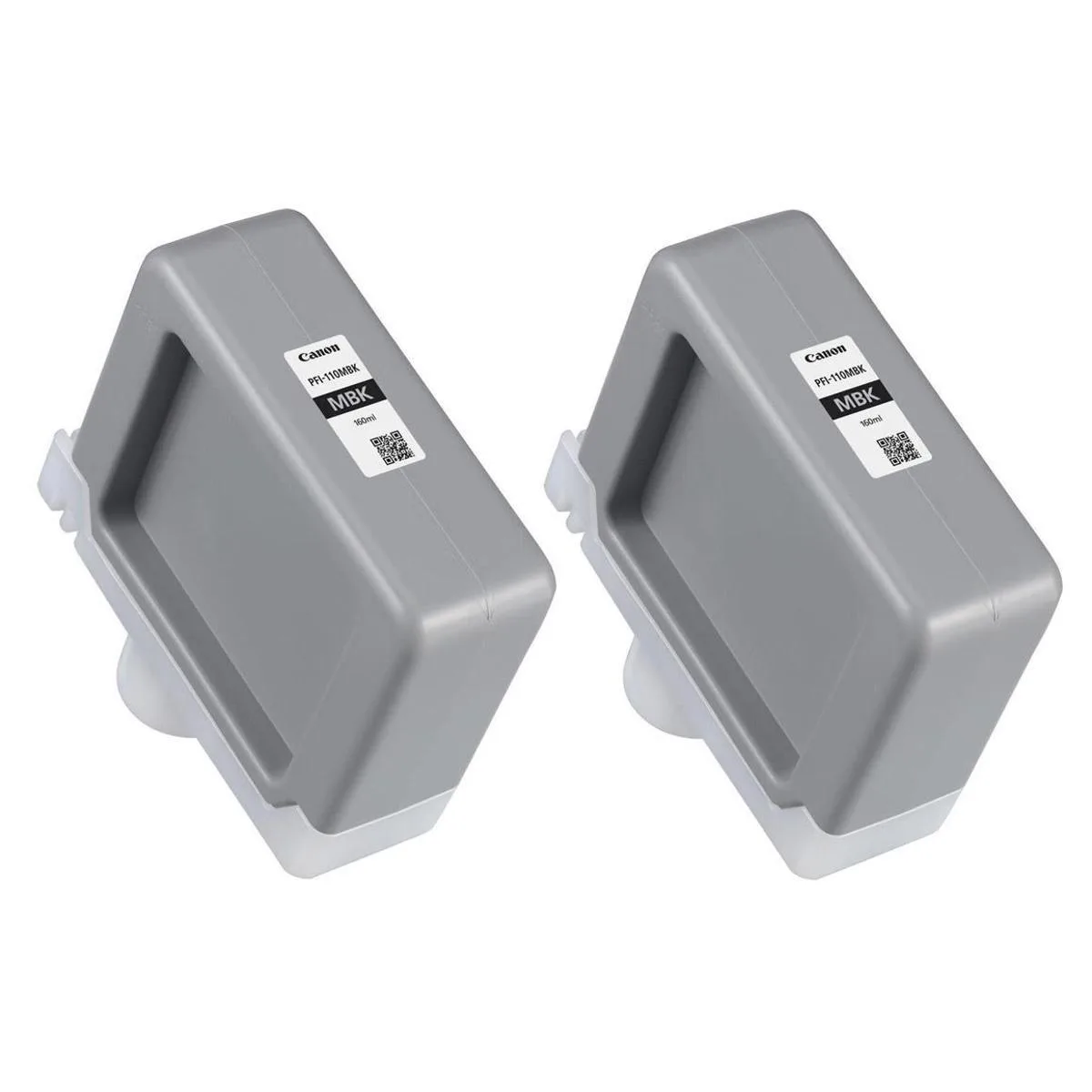 Two rectangular Canon PFI-110 matte black ink tanks in clear packaging
