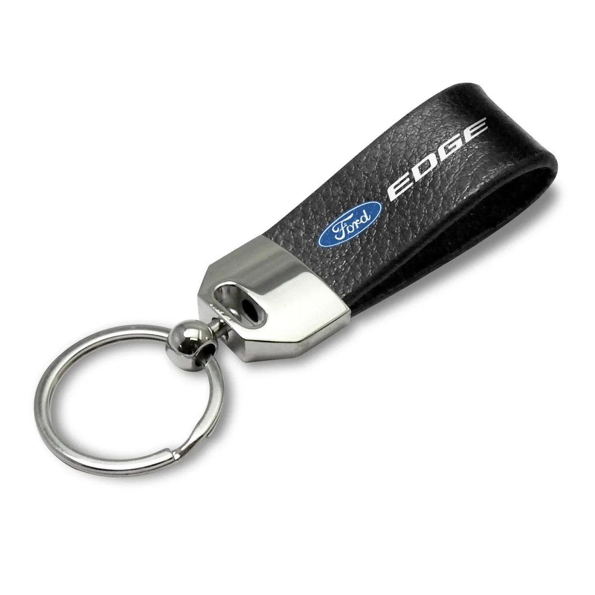 Black leather loop strap key chain with Ford Edge logo and chrome metal block
