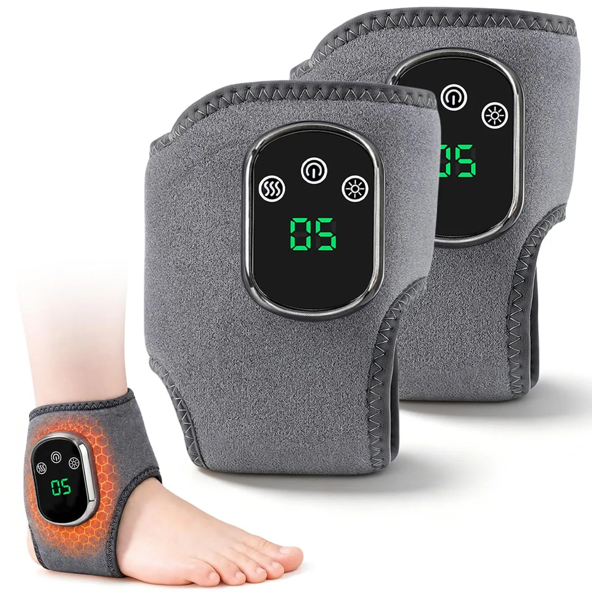 Gray neoprene wrap-around foot and ankle massager with control panel, hook-and-loop straps, and AC adapter plug