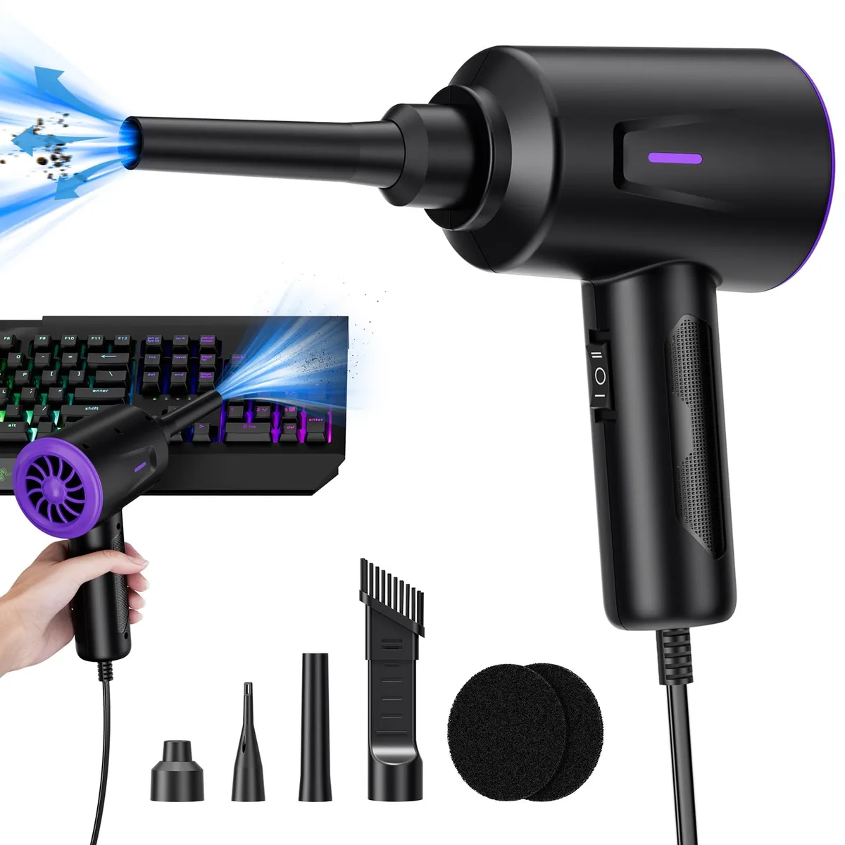 Purple handheld electric air duster with nozzle attachments