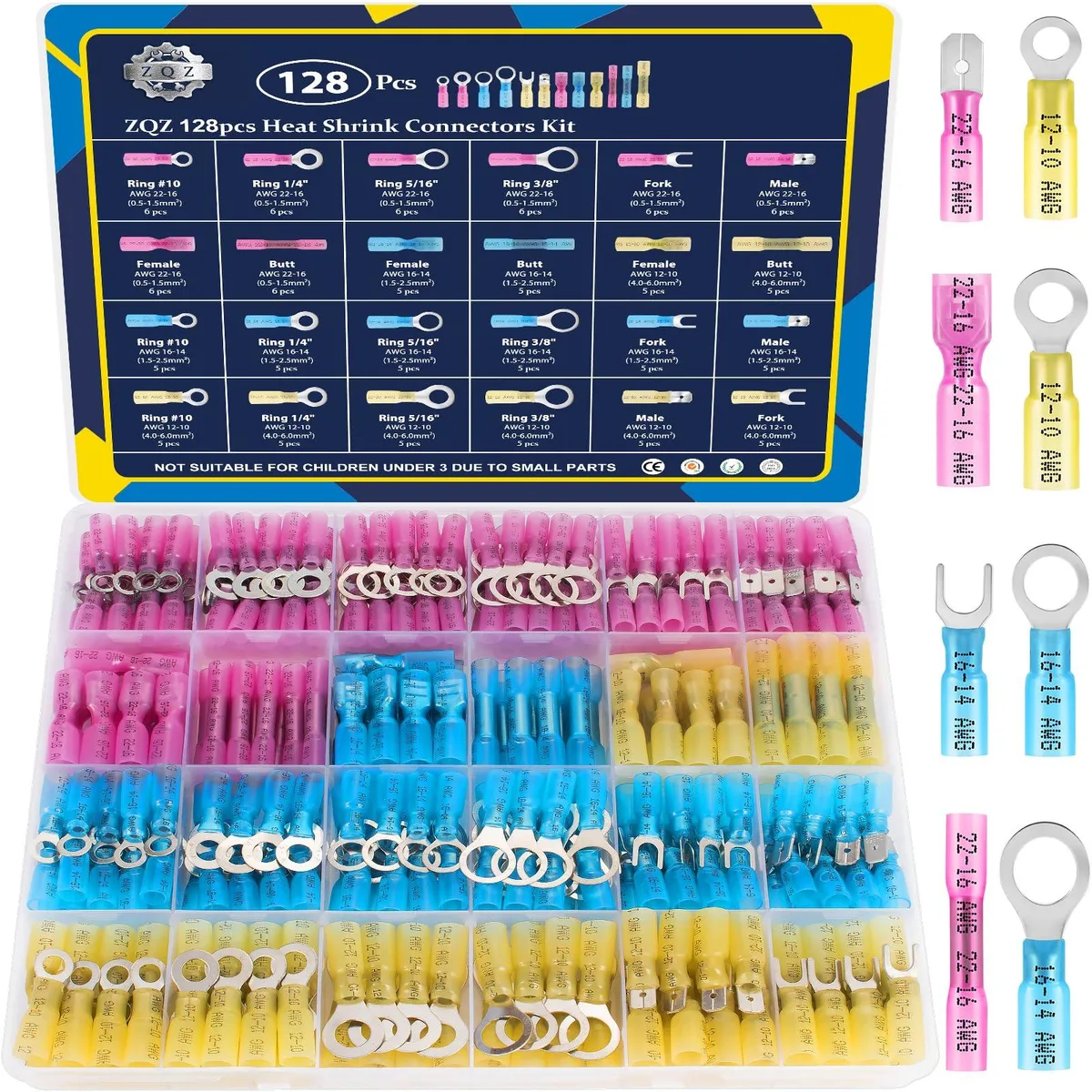 Clear compartment box holding 128 black heat-shrink wire connectors in red blue yellow sizes