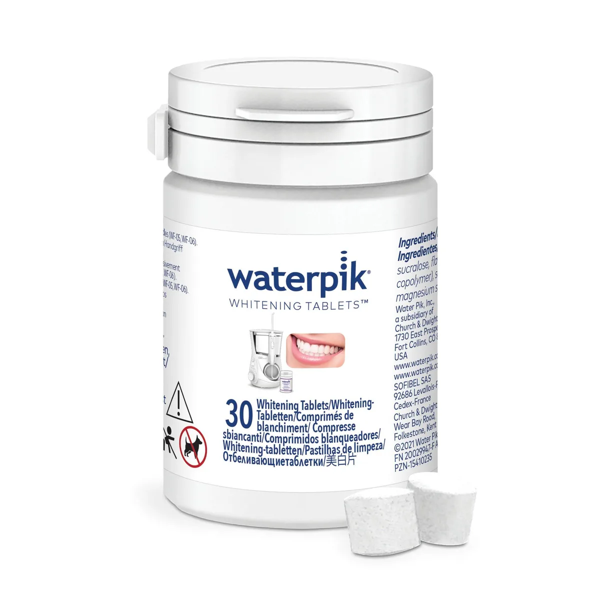 White cylindrical bottle containing 30 mint whitening tablets