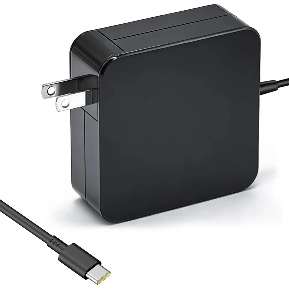 Black rectangular 65W USB-C power adapter with detachable cord