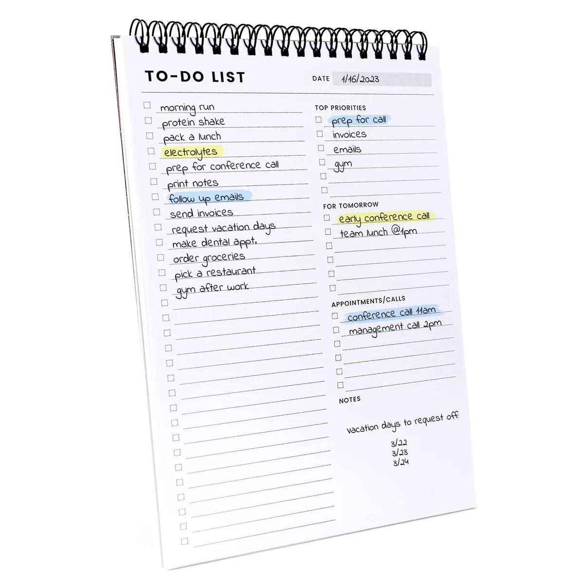 Black spiral-bound notepad with clear plastic cover, 6.5 by 9.8 inches, 60 sheets