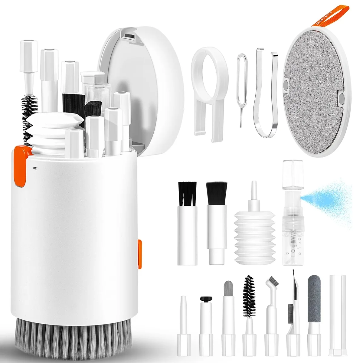 White 20-in-1 electronics cleaner kit with brushes spray cloth and tools