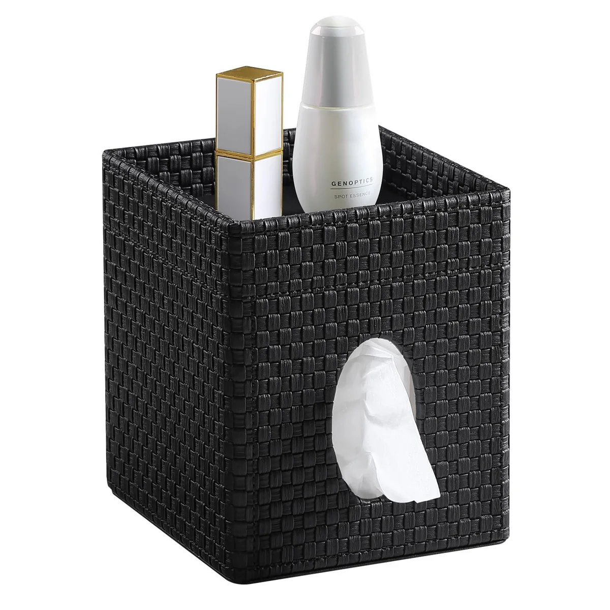 Black woven PU leather square tissue box cover with top storage tray