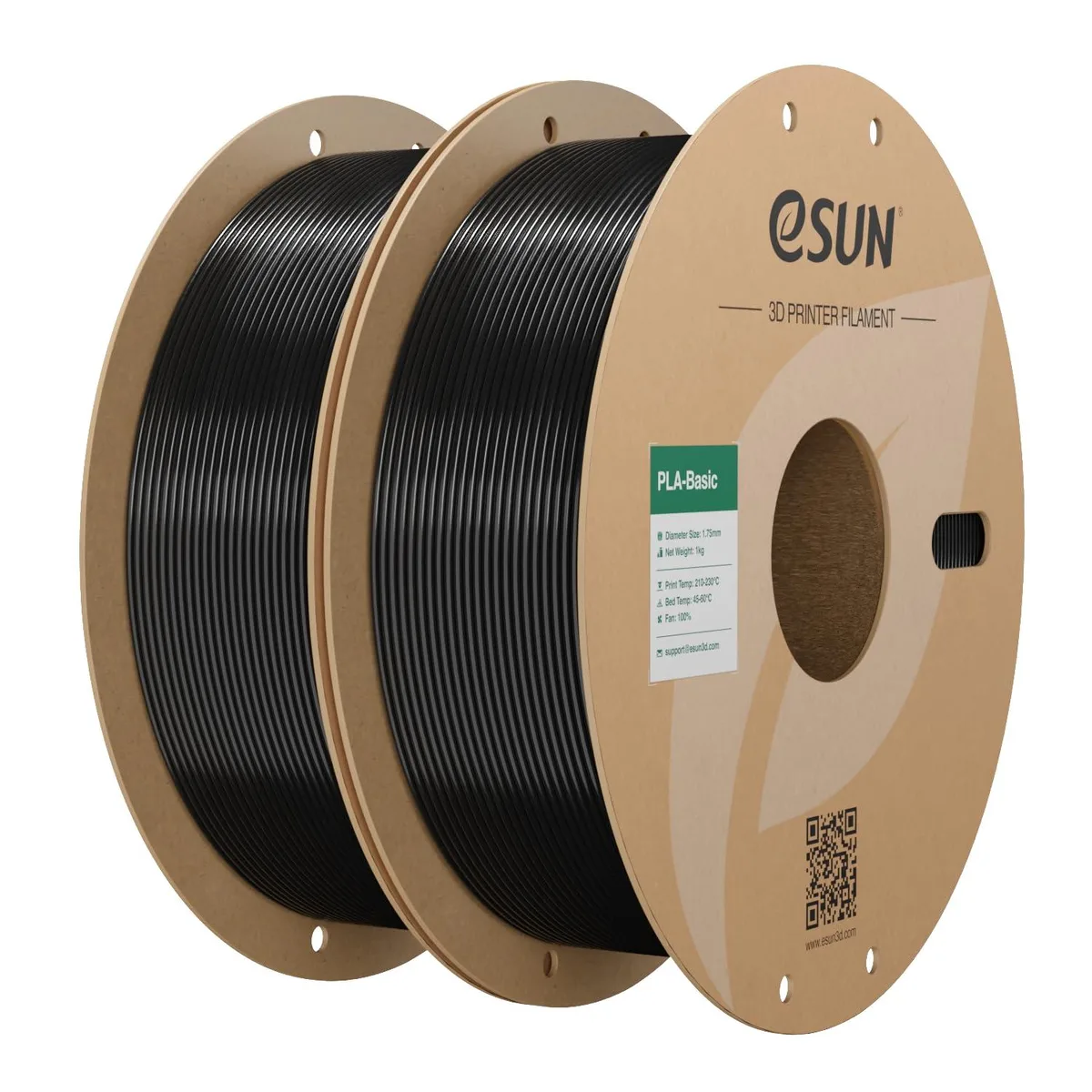 Two black 1kg PLA filament spools, 1.75mm diameter, vacuum-sealed with desiccant