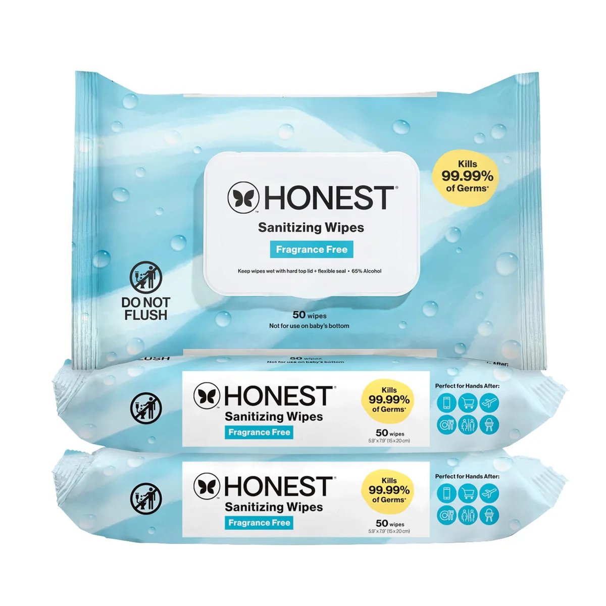 White rectangular plastic canister with flip-top lid and PURELL branding, containing plant-based sanitizing wipes