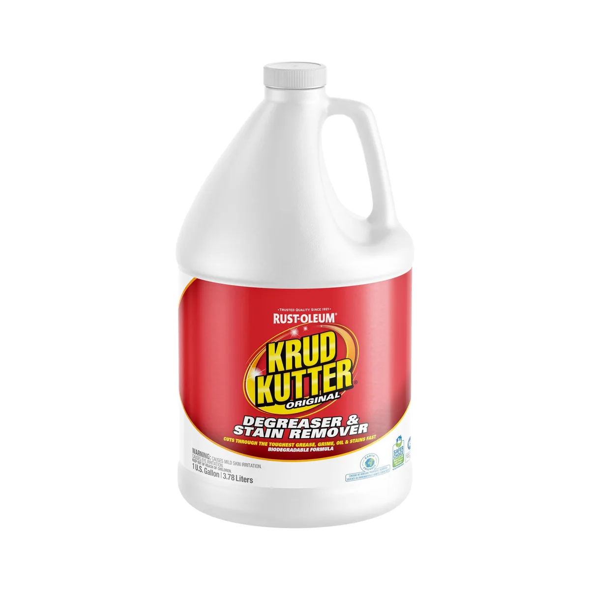 White 1-gallon plastic jug with blue label and handle