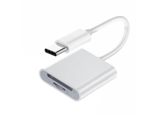 Small rectangular USB-C card reader with SD and microSD slots, matte finish