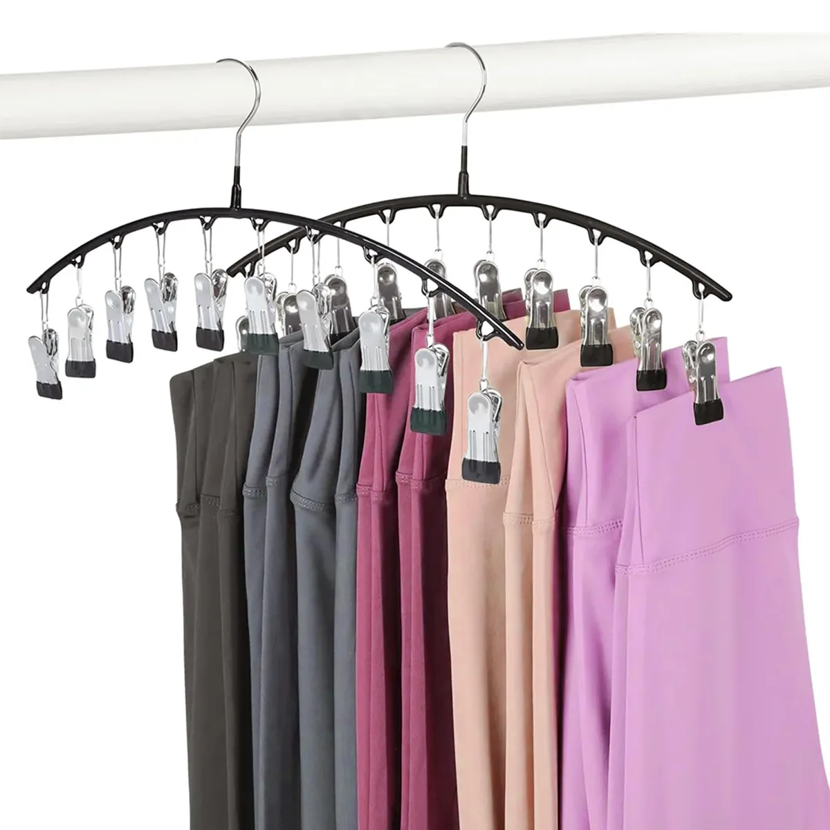 Two curved steel hangers with ten rubber-coated clips each, silver finish