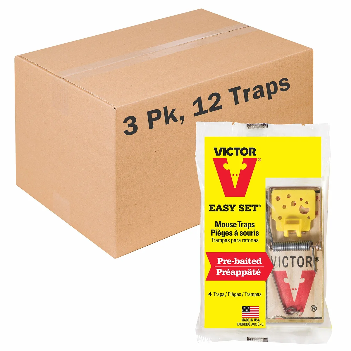Twelve wooden snap traps with yellow plastic pedals