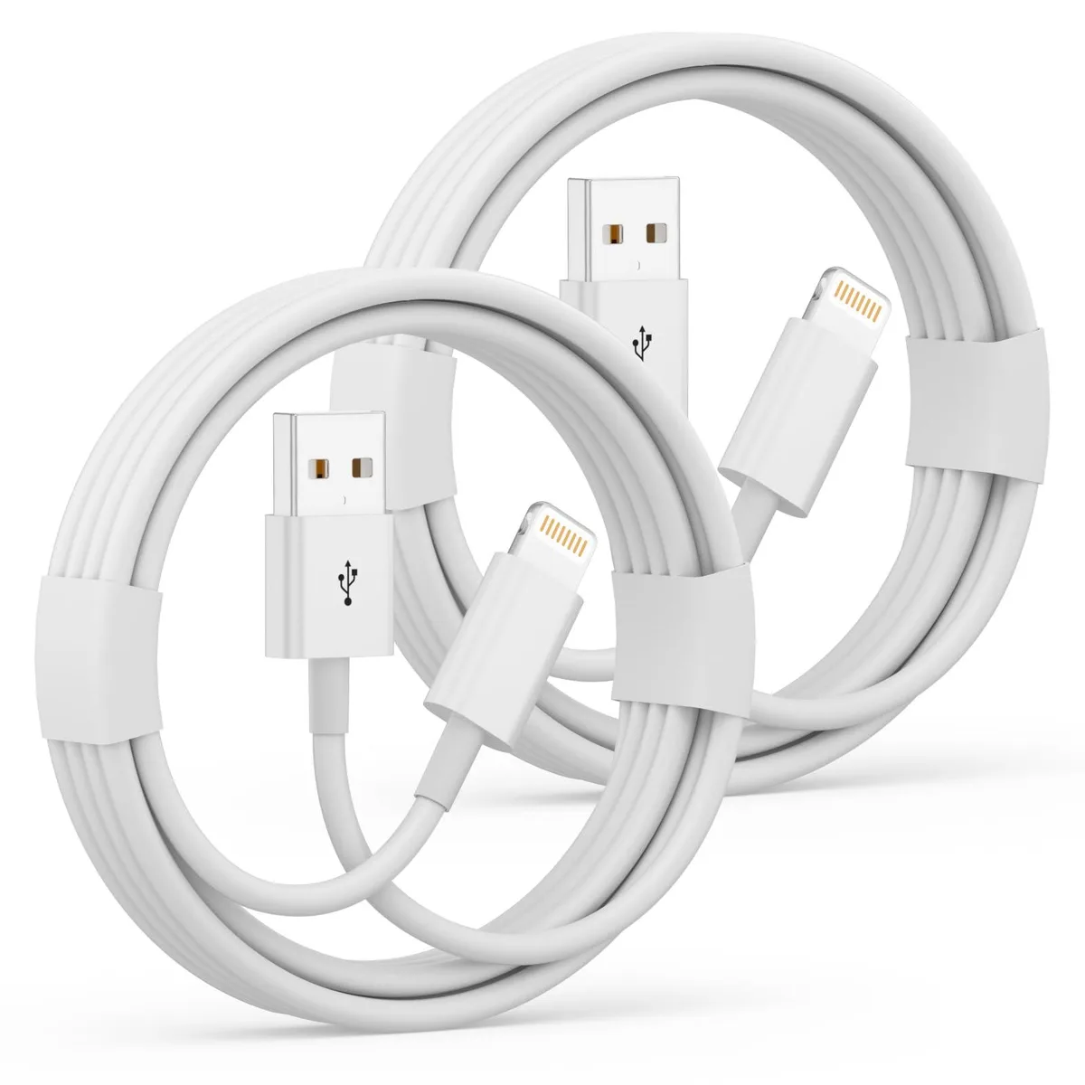 Two white USB-A to Lightning cables coiled together, 3 ft each