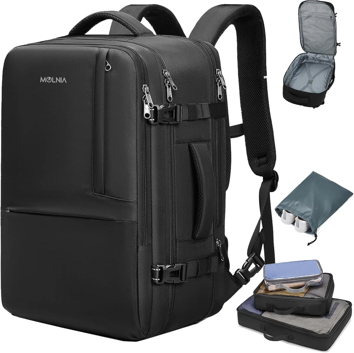 Black expandable travel backpack with packing cubes, 50L capacity, water-repellent polyester