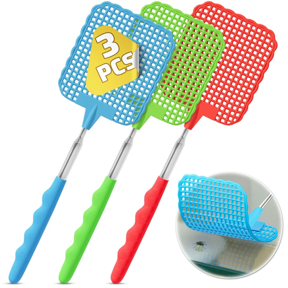  3 Pack Telescoping Fly Swatter 28.6 Inch Stainless Steel Handle — product photo
