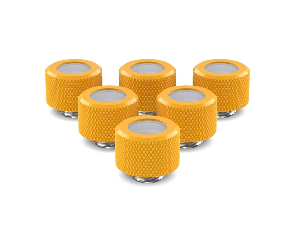 Six yellow 14mm rigid compression fittings with knurled caps and nickel bases