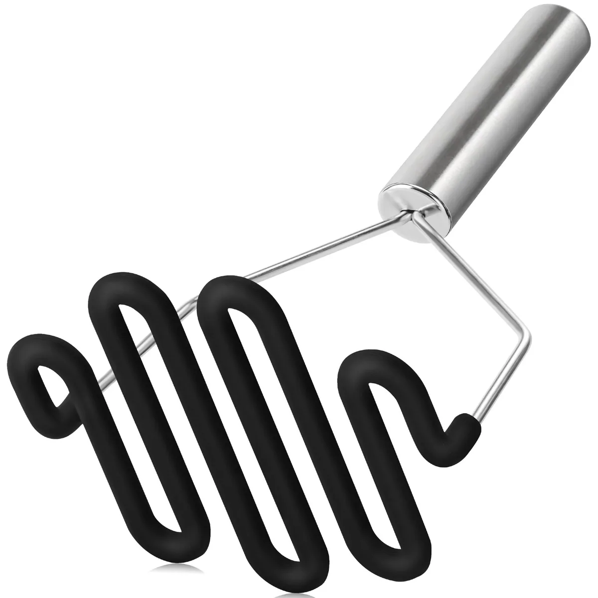 Black silicone-coated stainless steel potato masher, 9.2 inches long with ergonomic handle