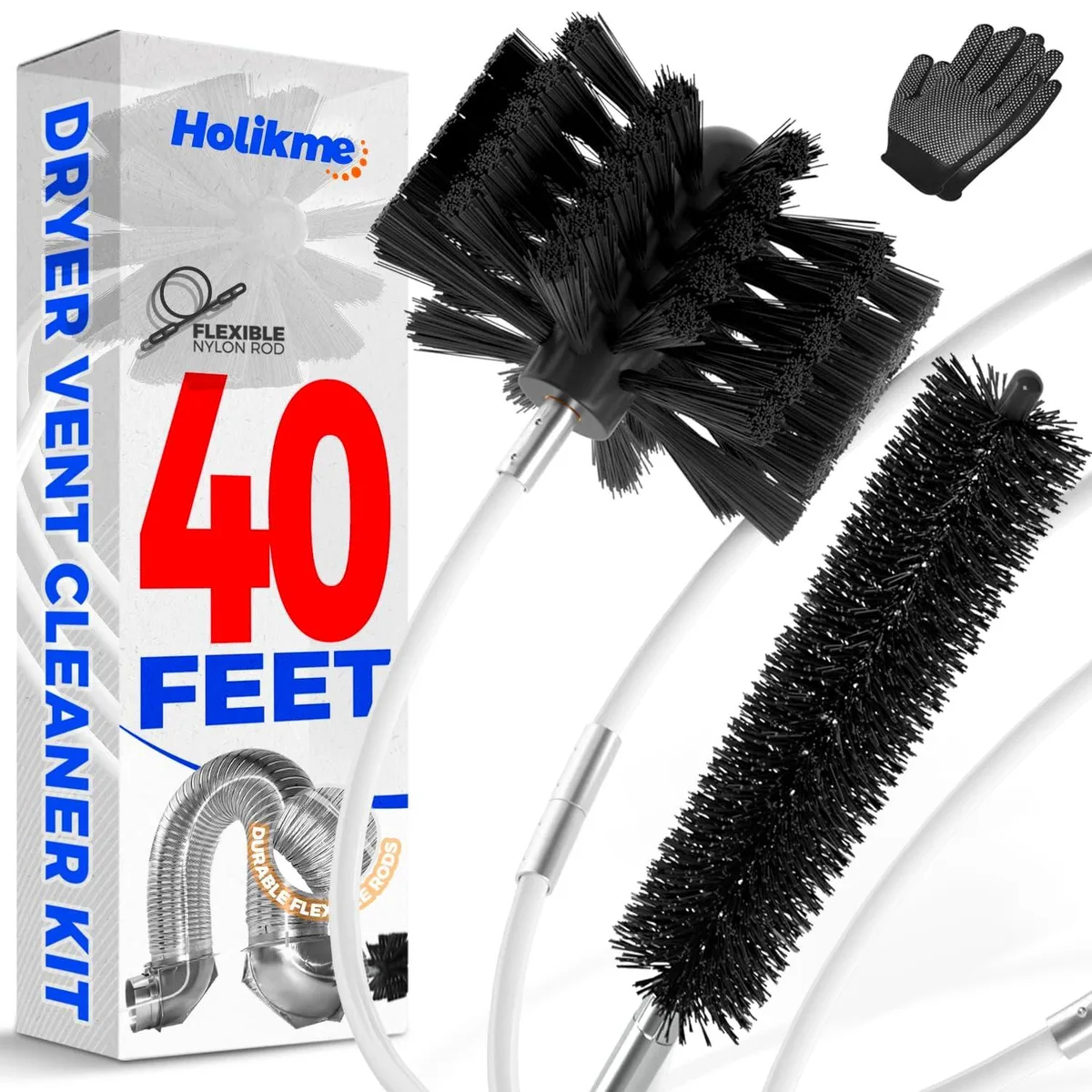 Flexible 40-foot dryer vent cleaning kit with synthetic brush heads and drill attachment, coiled in packaging