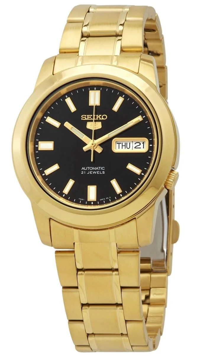 Seiko Seiko 5 Automatic Watch SNKK22K1 Gold Tone Black Dial 38mm 21 Jewels 30m Water Resistant — product photo