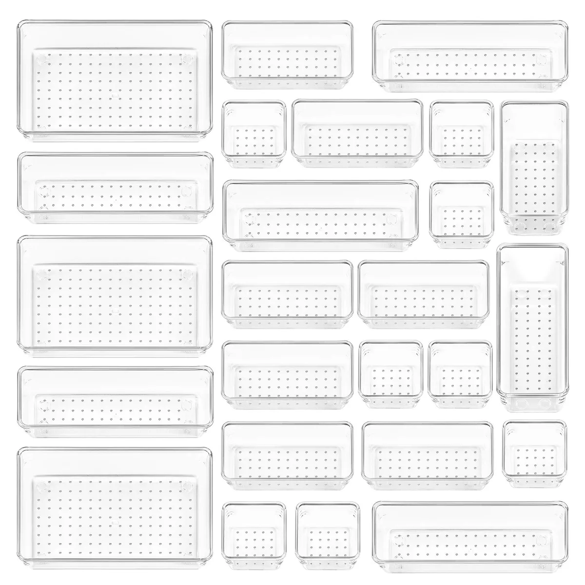 Clear plastic drawer organizer set, 25 pieces, black finish, stackable trays with silicone pads