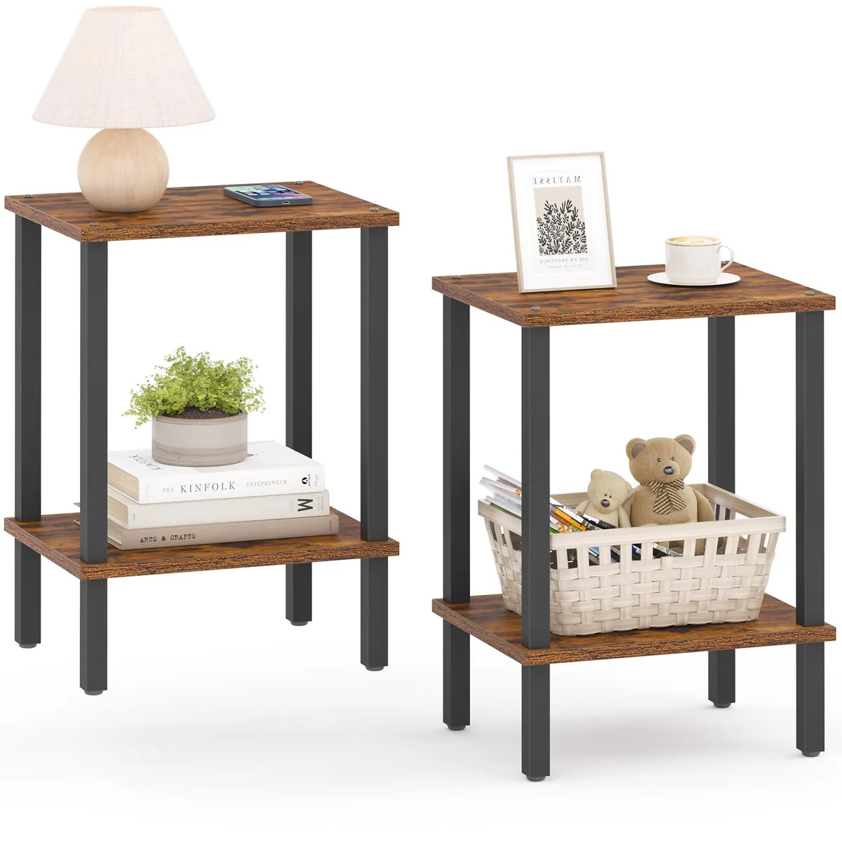 Two black 2-tier end tables with wood tops and metal frames, adjustable feet visible